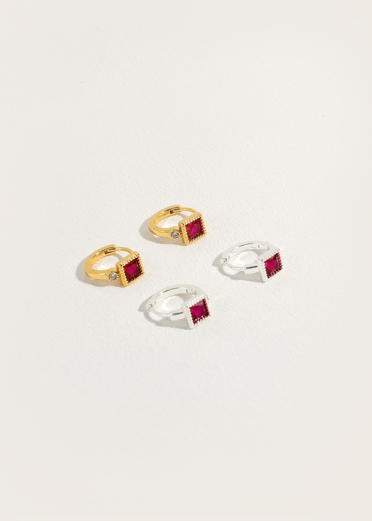 Garnet red huggie earrings with lab-created ruby, 18K gold and white gold plated